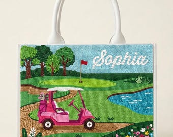 Custom Golf Tote Bag, Personalized Golf Course Beaded Handbag, Pink Golf Cart Purse, Golf Lover Gift, Golf Bag for Women, Handmade Tote Gift