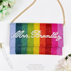 Custom Mrs Rainbow Clutch Bag, Personalized Mrs Last Name Clutch Purse, Rainbow Clutch Bag, Bachelorette Rainbow Mrs Clutch Bag Gifts - LHFC