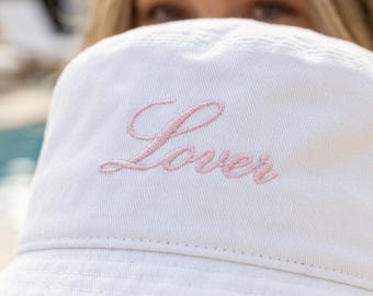 Lover Embroidered Bucket Hat Pink Script White Sun Hat Romantic Gifts for Her Valentine Accessory Cute Wedding Weekend Bucket Hats for Women