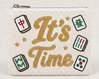 Its Time Mahjong Beaded Coin Purse, Handmade Tile Wallet, Game Night Gift For Her, White Beaded Clutch, Unique Statement Fashion Accessories