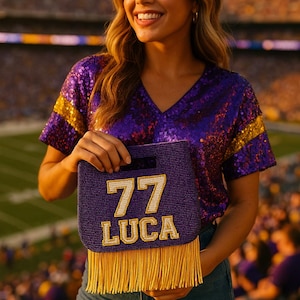 Football Game Purse Gifts, Game Day Clutch Purse, Custom Game Day Purse, Beaded Fringe Bag, Team Name Beaded Bag, Personalized Sports Clutch