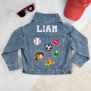Chaqueta vaquera azul para niños con parches personalizados, chaqueta vaquera personalizada con parches, chaqueta vaquera personalizada con parches, regalo de cumpleaños para niño.