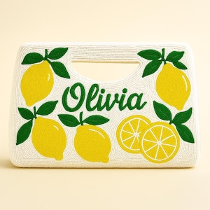 Lemon Beaded Purse, Fruit Beaded Bag, Citrus Name Clutch, Custom Lemon Handbag, Summer Fruit Bag, Beaded Citrus Purse, Customized Lemon Gift