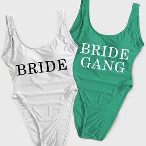 Bride & Bride Gang Custom Bachelorette Swimsuit, Bachelorette Swimsuit, Bachelorette One-Piece, Bachelorette High Cut One-Piece Swimsuit