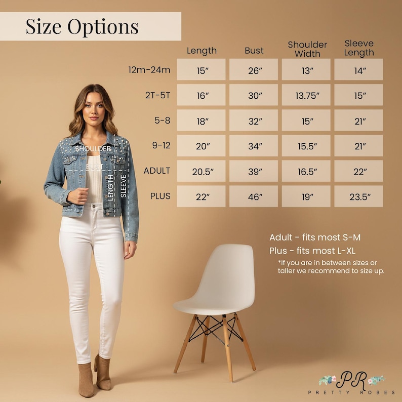 a woman standing in front of a size chart for clothing items. She is wearing a denim jacket and white pants. The chart provides size options for different age groups and sizes, including bust, shoulder, sleeve, and length measurements.