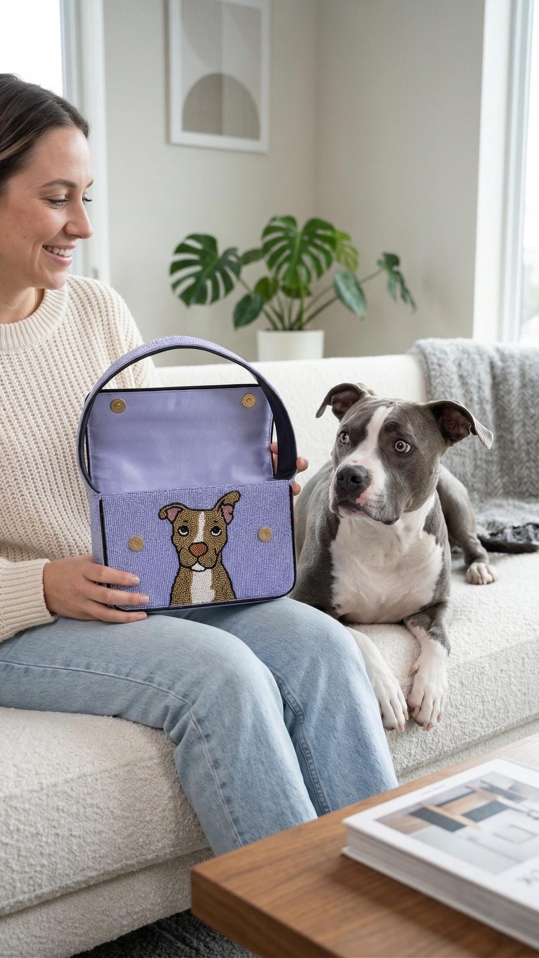 ビーズ細工の犬用財布、カスタム犬用バッグ、ペット肖像ハンドバッグ 