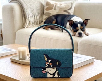 緑色の犬用財布、ビーズ付き犬用バッグ、カスタムペットバッグ、犬好き