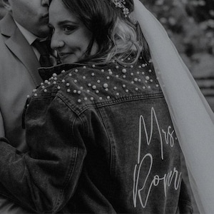 Black Pearl Mrs. Last Name Denim Jacket, Custom Mrs Last Name Jean Jacket, Bridal Jean Jacket, Bride Denim Jacket, Bachelorette Jean Jacket