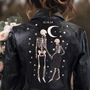 Custom Skeleton Design Leather Jacket, Embroidered Leather Jacket, Personalized Leather Jackets Gift, Unique Couple Theme, Stylish Outerwear
