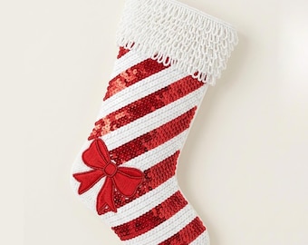 Personalized Beaded Christmas Stocking with Name, Hand Beaded Candy Cane Sequin Stocking, Traditional Red and White Holiday Mantel Decor