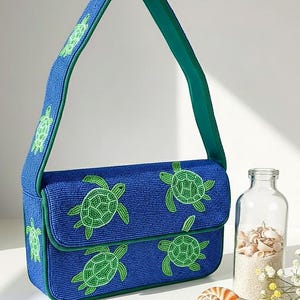 Bolso de cuentas de tortuga verde, bolso inspirado en la naturaleza, bolso de tortuga verde azul, clutch de cuentas hecho a mano, bolso de mano con animales del océano, bolso de hombro con tortuga marina