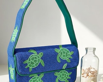 Green Turtle Beaded Bag, Nature-Inspired Purse, Blue Green Turtle Bag, Handmade Beaded Clutch, Ocean Animal Handbag, Sea Turtle Shoulder Bag
