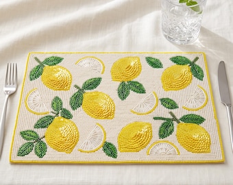 Beaded Lemon Placemat, Personalized Citrus Table Mat with Monogram, Hand Beaded Fruit Dining Placemat, Summer Kitchen Decor
