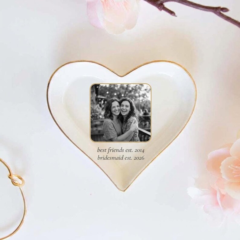 Personalized Photo Trinket Tray, Custom Photo Ring Dish, Bridesmaid Gift, Best Friend Gift, Maid of Honor Est Gift, Heart Jewelry Dish image 1