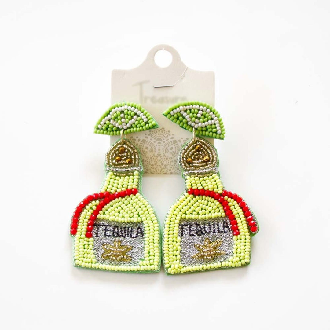 Tequila Bottle Earrings, Tequila Bottle Seed Bead Earrings, Tequila Bottle Beaded Earrings