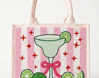 Pink Martini Beaded Tote Bag, Handmade Cocktail Purse, Summer Drink Bag, Bow Handbag, Vacation Party Gift For Her, Unique Statement Bag Chic
