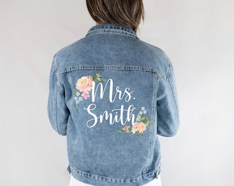 Custom Floral Denim Jacket, Personalized Bridal Denim Jacket, Customized Floral Denim Jacket Gifts, Customized Jean Jackets for Bridal Gifts