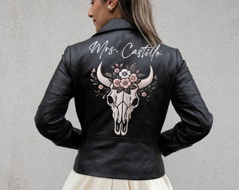 Customized Mrs Leather Jacket, Custom Embroidery Leather Jacket Gifts, Personalized Leather Jackets, Embroidered Bridal Real Leather Jackets