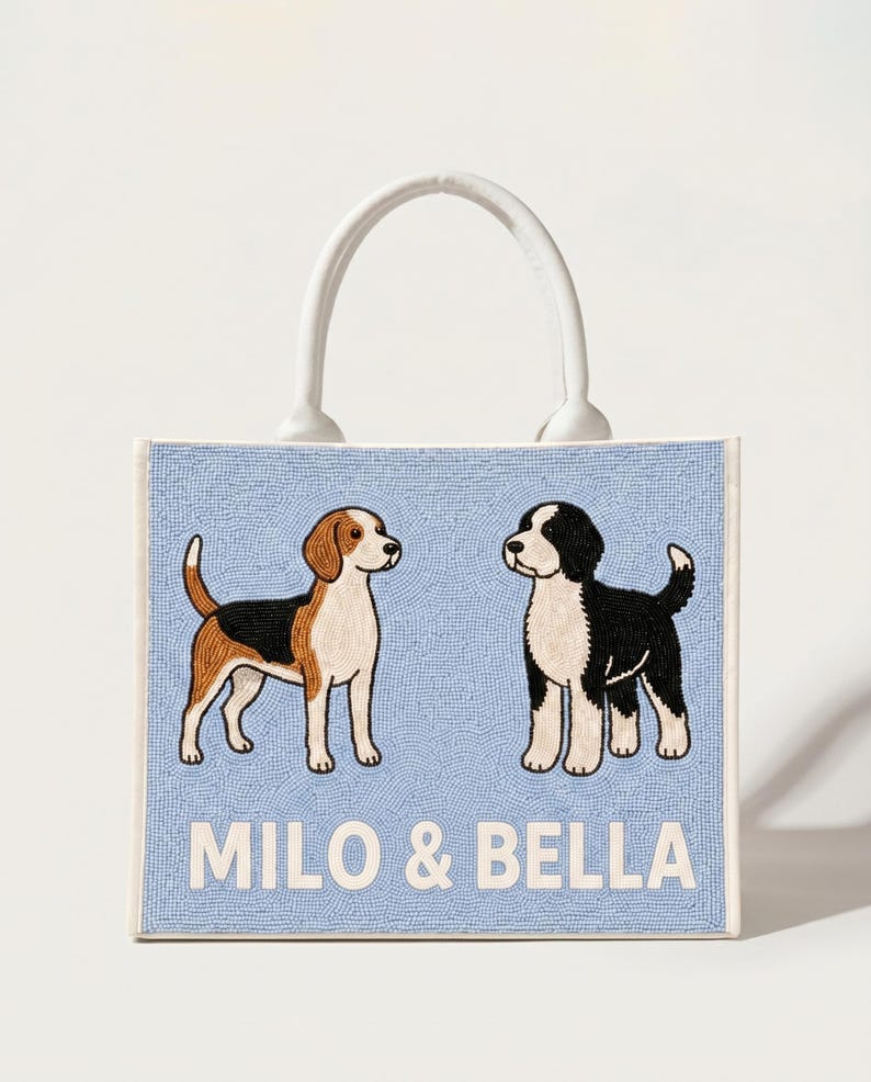 Borsa tote personalizzata con perline per animali domestici, borse tote personalizzate per cani, borse tote personalizzate per gatti con perline, borse tote con ritratti di animali domestici, borsa per animali domestici realizzata a mano con perline, borsa tote personalizzata per mamme di cani immagine 8