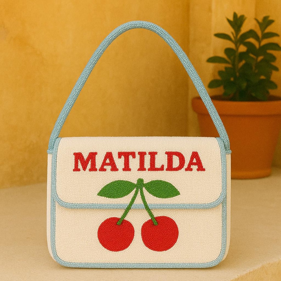 Borsa a mano con perline a forma di ciliegia, borsa a forma di