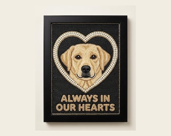 Custom Dog Memorial Wall Art Framed Beaded Yellow Lab Portrait Personalized Pet Loss Gift with Name Always in Our Hearts Glass Pearl