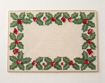 Beaded Christmas Placemat with Monogram, Holly Berry Table Mat, Beaded Holiday Dining Decor, Hand Beaded Placemat Custom Initial