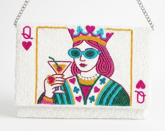 Kopertówka Queen of Hearts, Portmonetka z koralikami, Torebki Queen of Hearts, Torebka Heart Queen, Portmonetka koktajlowa, Kopertówka Queen, Portfele koktajlowe z koralikami (HHFC)