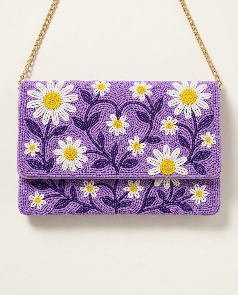 Lavender Daisy Clutch, Beaded Floral Crossbody Purse, Custom Name