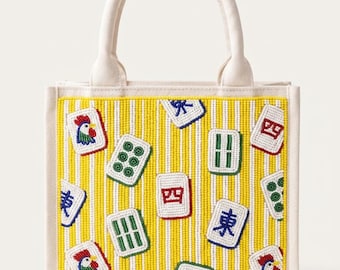 Yellow Mahjong Tile Beaded Tote Bag, Handmade Game Night Handbag, Colorful Tile Purse, Unique Gift For Her, Statement Fashion Accessory Bags