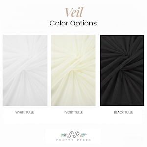 three different fabric swatches, each with a different color: white, ivory, and black. The text above the swatches reads "Veil Color Options" and below each swatch is the corresponding fabric color: white, ivory, and black.