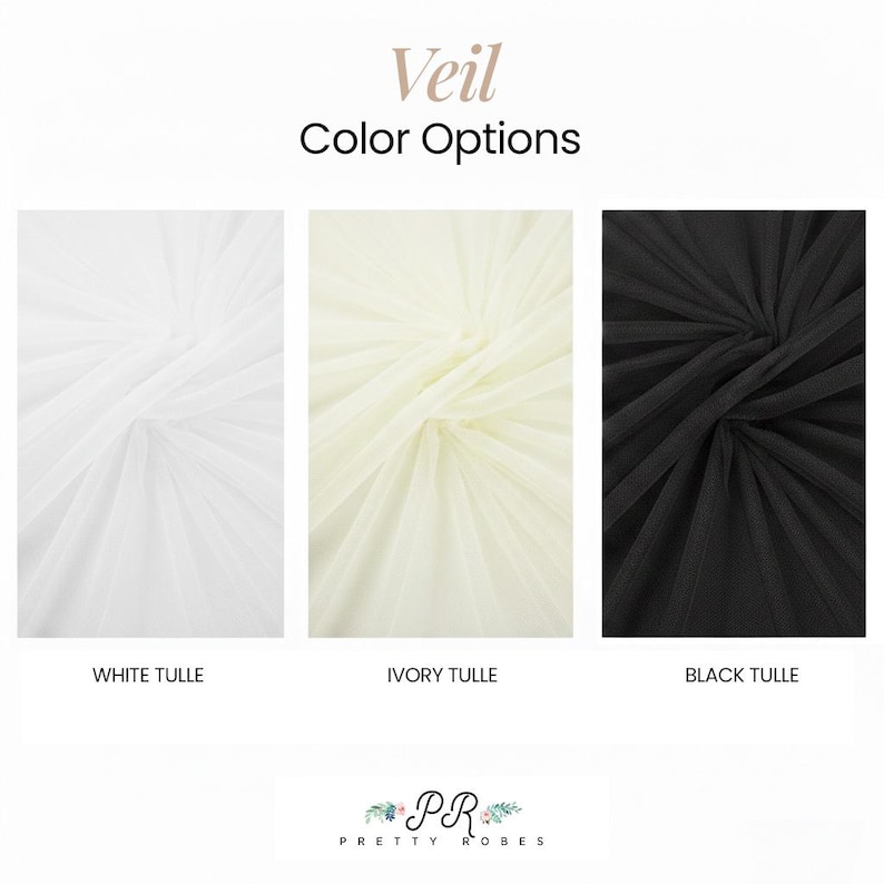 three different fabric swatches, each with a different color: white, ivory, and black. The text above the swatches reads "Veil Color Options" and below each swatch is the corresponding fabric color: white, ivory, and black.