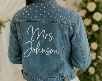 Embroidered Jacket, Blue Pearl Jacket, Customized Bride Mrs Jean Jacket, Personalized Bridal Jacket, Bridal Customized Wedding Denim Jackets