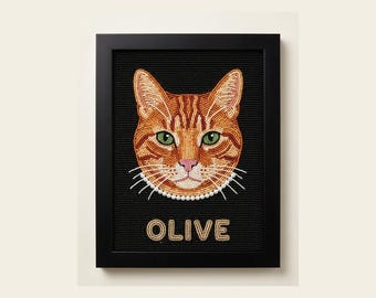 Personalized Beaded Cat Portrait Framed Wall Art, Custom Orange Tabby Cat with Pearl Collar, Handcrafted Pet Memorial Gift for Cat Lovers