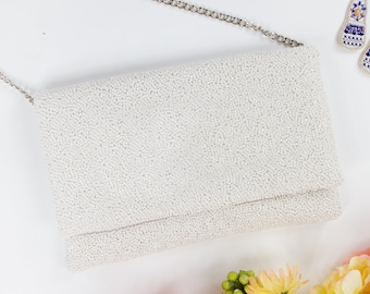 Bride Purse, White Bridal Clutch, White Bride Hand Beaded Purse, White Bridal Purse, White Wedding Purse, Party Clutch Bag, White Clutch Bag