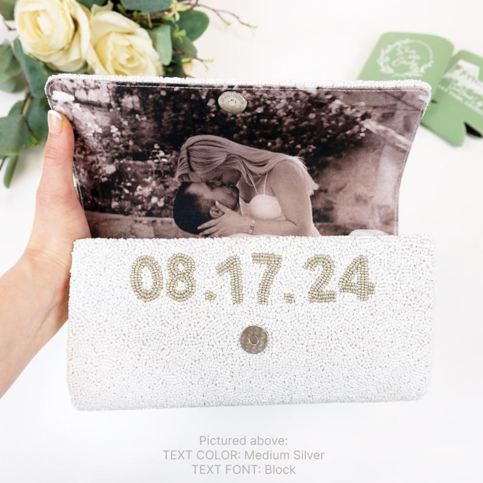 Personalized Beaded Clutch Bag Gifts, Custom Beaded Bridal Clutch Purse, Seed Bead Wedding Clutch Bag, Custom Bridal Clutch Purse Gift - FOG - Custom Outside & Inside Texts with Photo, Block