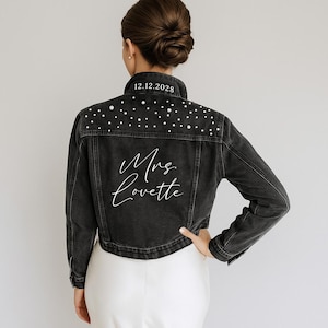 Black Pearl Mrs Black Denim Jacket, Bride Jean Jacket, Bridal Pearl Jean Jacket, Bachelorette Party Denim Jacket, Wedding Black Jean Jacket