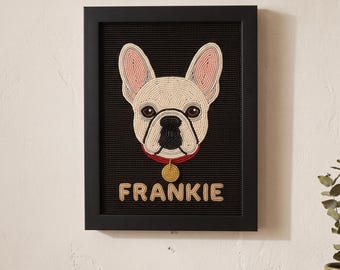 Custom French Bulldog Beaded Wall Art, Personalized Frenchie Pet Portrait Framed, Dog Lover Gift with Name in Beaded Frame