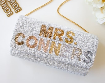 MRS. Half Barrel Custom Beaded Clutch – Bridal Clutch, Wedding Clutch, Beaded Bag, Customized Bag, Bridesmaid Gifts, Wedding Gifts - FOG