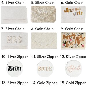 a collection of purses and zippers, each with a unique design and color, specifically labeled as "Bridal" or "Bridal accessories".