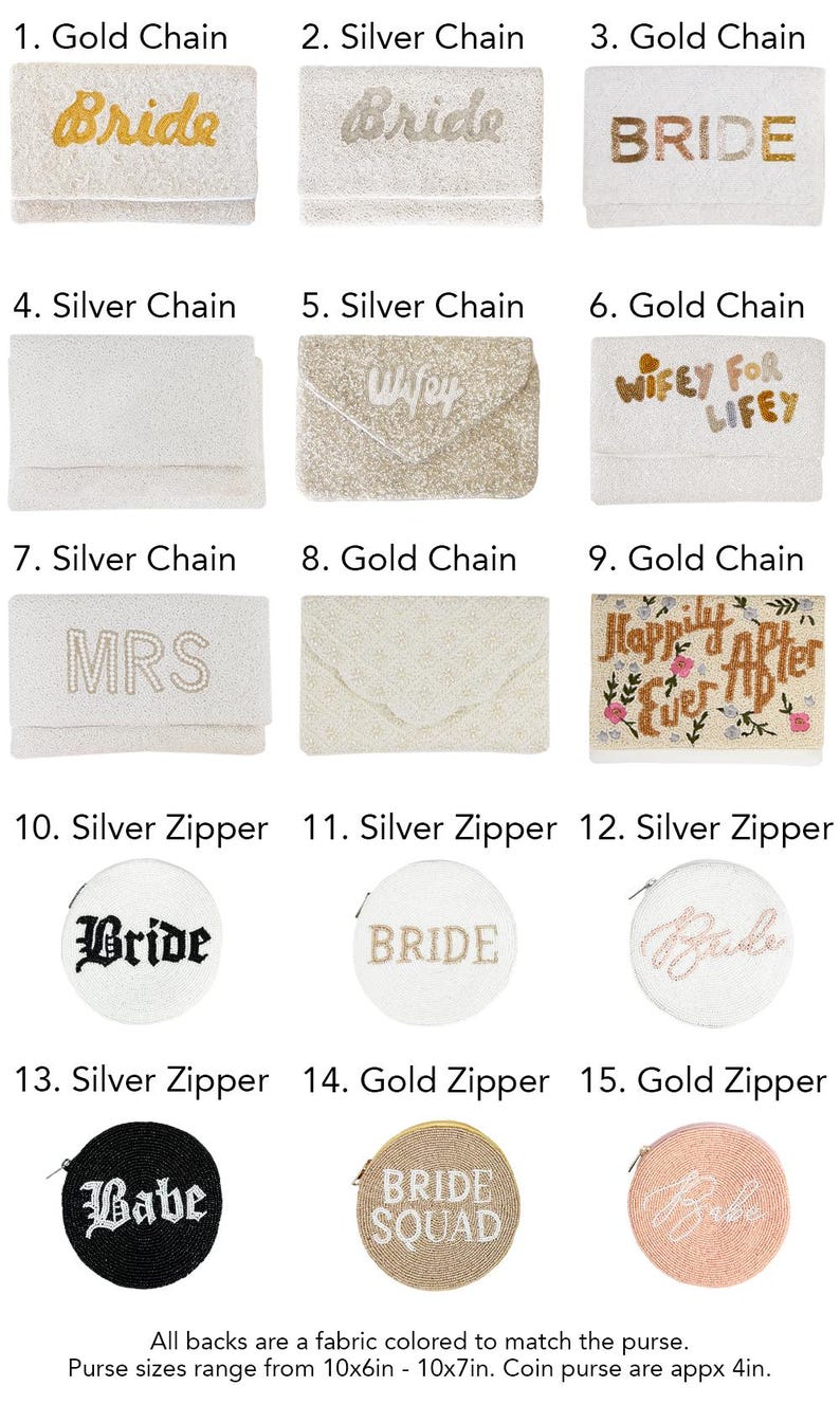 a collection of purses and zippers, each with a unique design and color, specifically labeled as "Bridal" or "Bridal accessories".