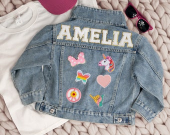 Personalized Kids Jean Jacket, Denim Jacket Gift, Blue Jersey Letter Patch Kid's Denim Jacket with Patches, Custom Letter Patch Denim Jacket