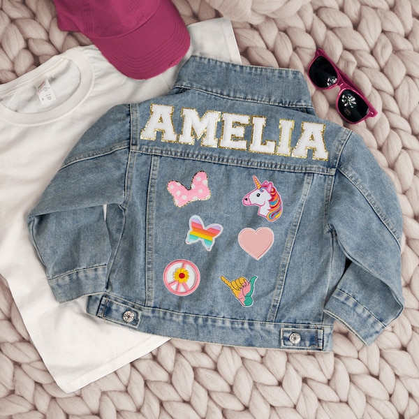 Personalized Kids Jean Jacket, Denim Jacket Gift, Blue Jersey Letter Patch Kid's Denim Jacket with Patches, Custom Letter Patch Denim Jacket