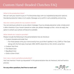 a white paper with the words custom hand - beaded clutches faq
