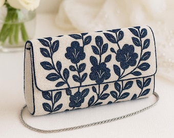 Navy Floral Purse, Beaded Wedding Clutch, Handmade Floral Bag, Blue Beaded Purse, Bridal Reception Purses, Bridesmaid Floral Purse Bag - FOG