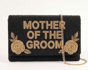 Mother of the Groom Beaded Clutch, Black and Gold Wedding Purse with Rose Details, Custom Bridal Party Handbag with Detachable Chain