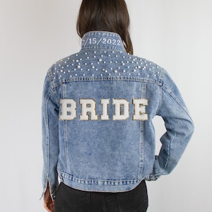 Blue Pearl bruids jeansjack, patch spijkerjack, aangepaste patch spijkerjack, aangepaste mevrouw patch voor jassen, aangepaste naam patch spijkerjacks