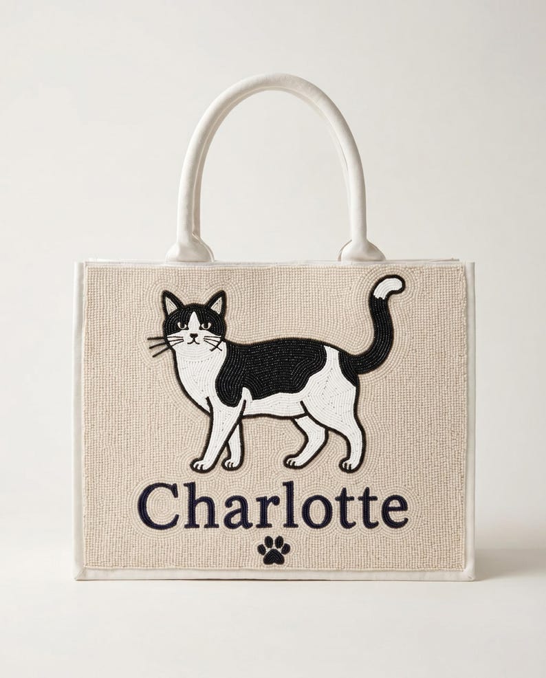 Borsa tote personalizzata con perline per animali domestici, borse tote personalizzate per cani, borse tote personalizzate per gatti con perline, borse tote con ritratti di animali domestici, borsa per animali domestici realizzata a mano con perline, borsa tote personalizzata per mamme di cani immagine 2