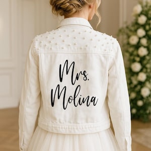 White Pearl Mrs. Last Name Pearl Denim Jacket, Bride Denim Jacket, Wedding Jean Jacket, Bachelorette Denim Jacket, Custom Bride Jean Jacket