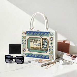 Sardine Beaded Tote, Portuguese Sardine Bag, Tinned Fish Tote, Mediterranean Tote Bag, Coastal Chic Tote, Sardine Market Beaded Canvas Totes image 2