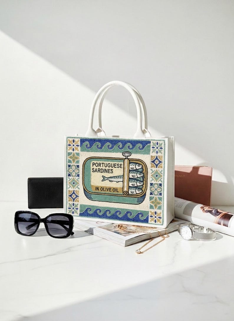 Sardine Beaded Tote, Portuguese Sardine Bag, Tinned Fish Tote, Mediterranean Tote Bag, Coastal Chic Tote, Sardine Market Beaded Canvas Totes image 2